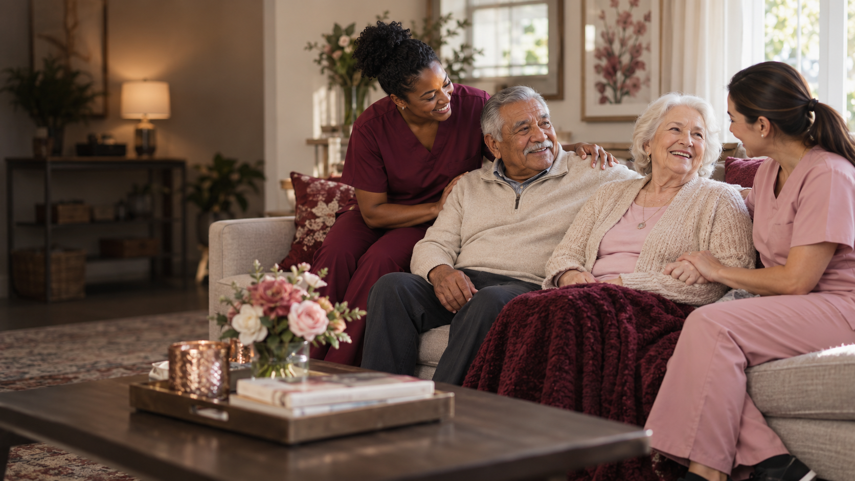 Two caregivers supporting an older Hispanic man and an older White woman at home